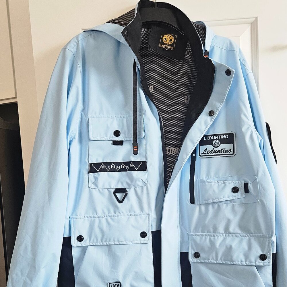 Leduntino Gorpcore Utility Cargo Jacket XL Baby Blue Hooded Windbreaker Anorak